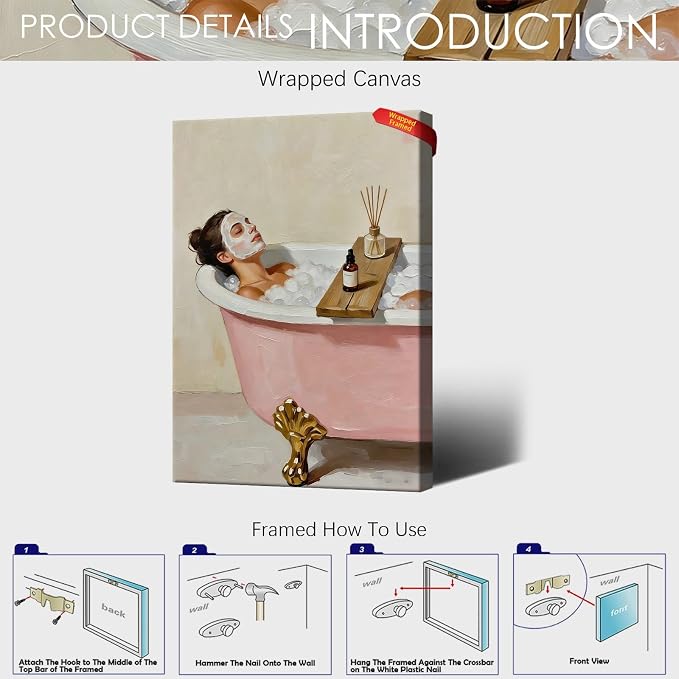 Relaxing Spa Bath Wall Art Woman with Face Mask in Pink Clawfoot Tub Poster Modern Bathroom Oil Painting Print Aesthetic Wall Decor for Powder Room Apartment 16X24 in Wrapped Framed