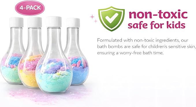 Kids Bath Bombs Powder with Mini Unicorn Inside – Bubble Bath for Kids – Bathtime Experiment Kit Mix - Blast of Foam & Colour Surprise – Gift Set of 4