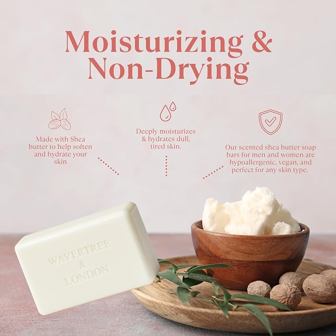 Wavertree & London English Rose Scented Natural Soap Bar, 7oz Moisturizing French Triple Milled Soap Bar for Women & Men Enriched with Organic Shea Butter, Pure Bath & Body Soap (1 Bar)