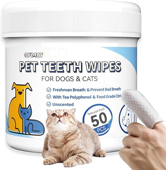 Dog Dental Wipes for Teeth Cleaning 50 Count, Unscented Pet Finger Toothbrush Alternative for Cats and Puppies, No-Rinse Breath Freshener with Coconut Oil