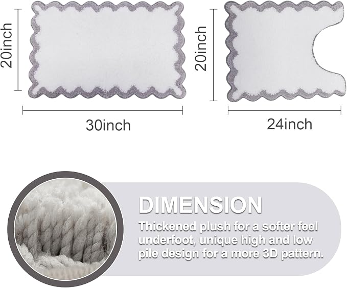 ORTIGIA Cute Scalloped Bathroom Rugs Set,Gray Plush Microfiber Scallop Bath Mats Non Slip Washable Quick Dry Absorbent Rug Carpet for Sink Laundry Room Bedroom,20" x 30" + U Shape 20" x 24"
