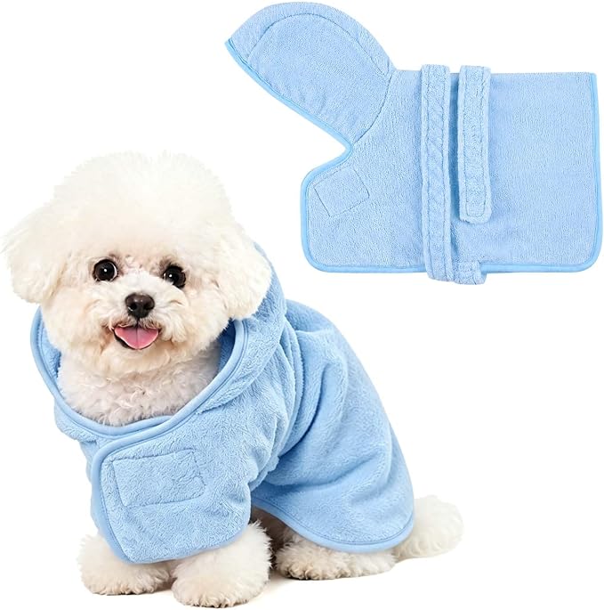 Dog Bathrobe Towel with Hood Super Absorbent Pet Bath Robe for Small Medium Dogs Quick Drying Doggy Bath Towel Coat with Adjustable Waistband Soft Pet Grooming Robe (Blue, M(up to 14lbs))
