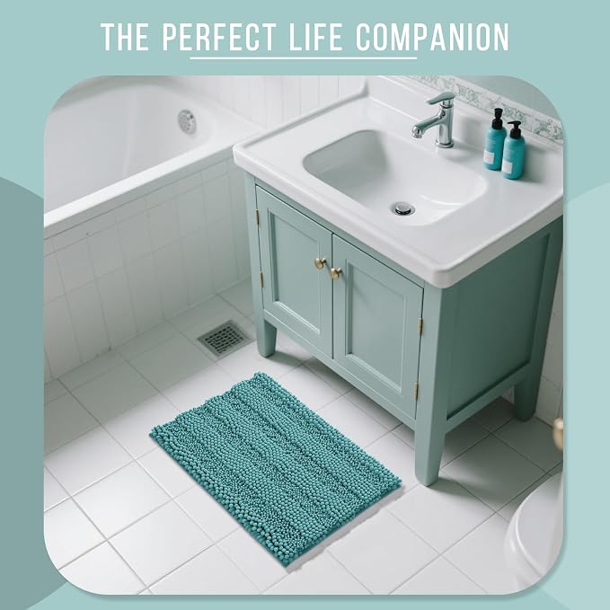 Yimobra Bathroom Rug Mat, Non Slip and Super Absorbent Bath Mat, Machine Washable Quick Dry, Ultra Plush Chenille Shower Rugs for Bathroom Floor Sink Tub and Shower Outside, Teal Blue, 24 x 17