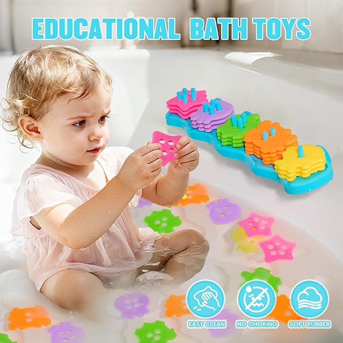 Baby Bath Toys for Kids Ages 1-3, Mold Free Bath Toys for Toddler 2-4 Educational Color Shape Sorter & Stacking with 20 Floating Pieces, Toddler Bathtub Toys with Mesh Bag for Girls Boys Gifts