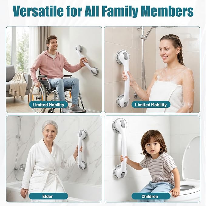 Shower Handles for Elderly Suction, Shower Grab Bar, Suction Grab Bars for Shower 2 Pack 16 Inch, Bathroom Grab Bars for Seniors, Shower Grab Bars Suction Heavy Duty, Waterproof No Drilling