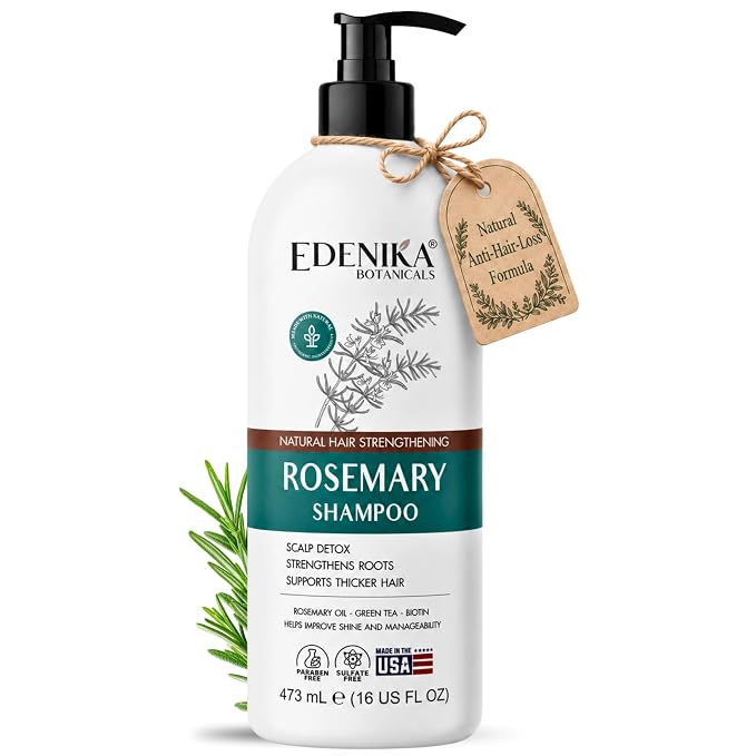 Edenika Botanicals Rosemary Oil Shampoo with Biotin for Thinning Hair & Anti-Hair Loss, Strengthening Botanical Formula, Women & Men, Sulfate-Free, Organic, 16 fl oz