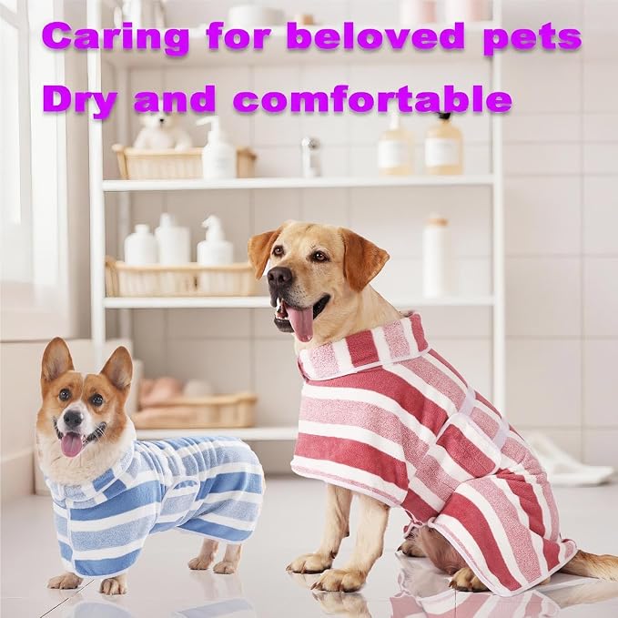 Quick-Drying Dog Bathrobe - Striped Super Absorbent Pet Towel Robe with Adjustable Belly Band,1-Piece Design,Super-Soft Fast-Drying Fabric,for Small Medium Large Dogs Post-Bath Grooming (Blue,XL)