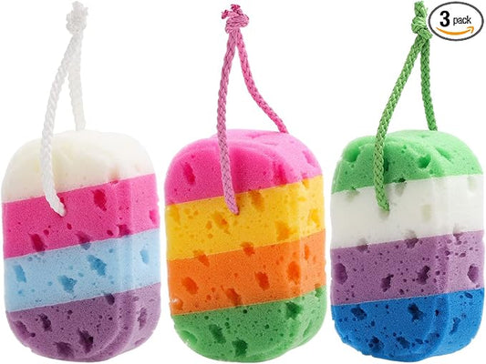 BTYMS 3 Pieces Exfoliating Bath Sponge Body Sponges Shower Loofah Soft Bathing Pouf Foam Lufa Body Scrubber