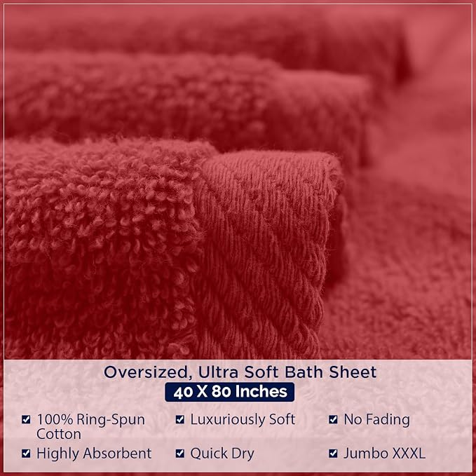 DAN RIVER Pack of 1 Jumbo Bath Sheet 40x80 Inches, Luxury Large Towels Oversized for Bathroom, Absorbent Plush Towels - Red