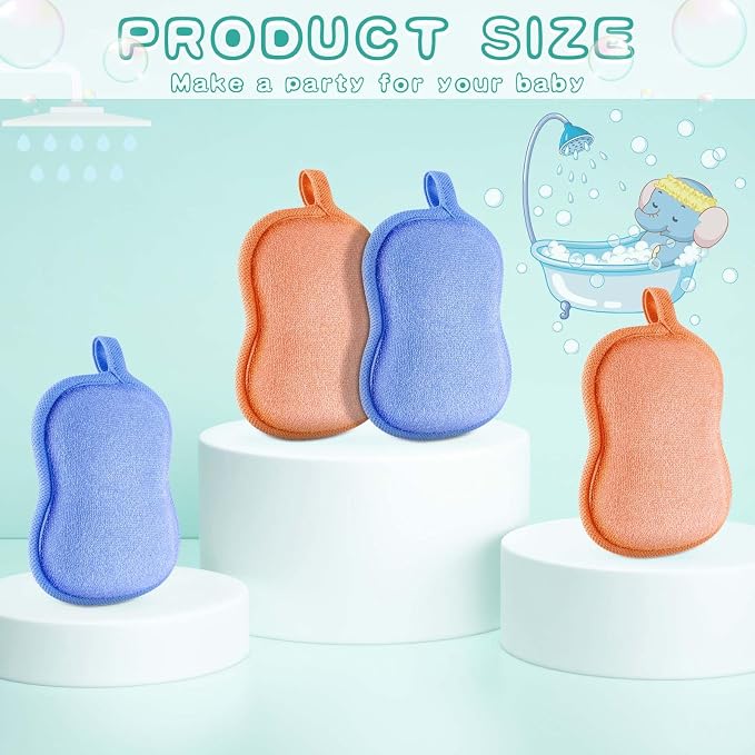 Tatuo 4 Pieces Baby Bath Sponge Soft Comfy Cotton Baby Sponge Toddler Absorbent Loofah for Kids Babies Boy Girl(Orange,Blue)