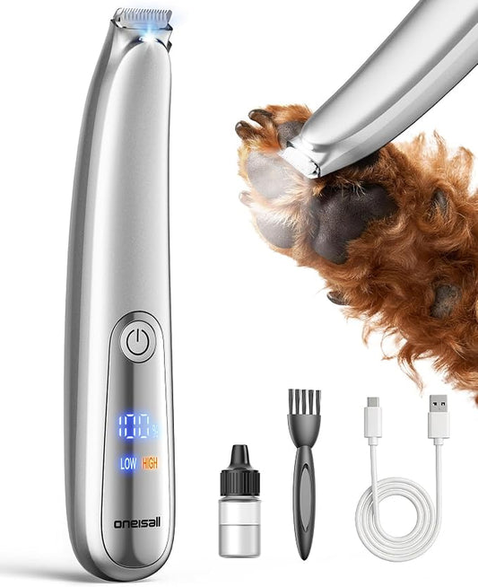 oneisall Dog Paw Trimmer with LED Light, 35dB Low Noise Paw Clippers for Dogs & Cats, 2-Speed 6500 RPM Cordless Rechargeable Trimmer with Curved Safety Blade for Between Toes & Sensitive Areas
