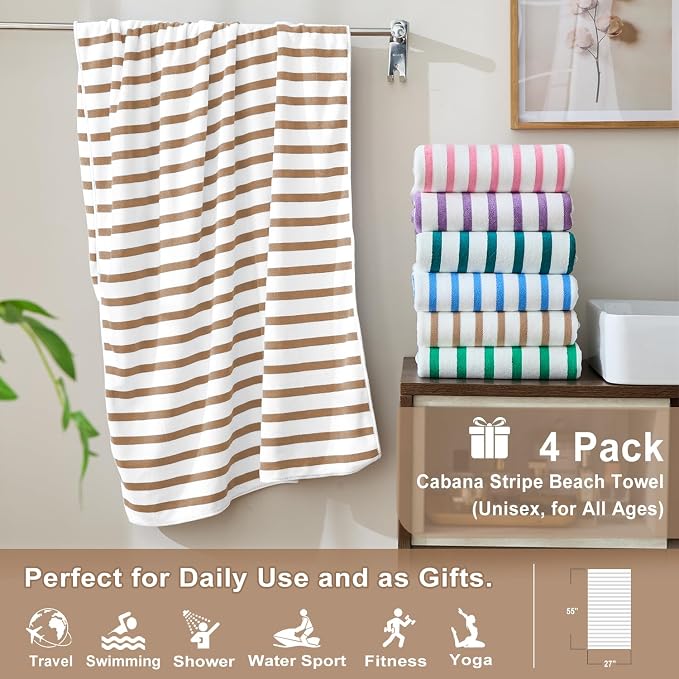 JML Microfiber Towels, Bath Towel Sets (4 Pack, 27" x 55") - Extra Large, Soft, Absorbent, Fast Drying, Multipurpose for Hair Wrap, Swimming, Fitness, Sports, Yoga -Stripe Coffee