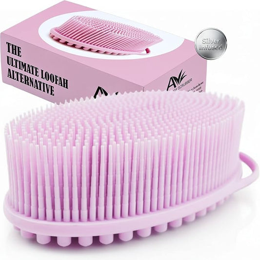 Avilana Silicone Body Scrubber for Shower – SGS Certified Food Grade Dual Sided Bath Brush, Gentle Exfoliating Silicone Loofah Alternative, Sensitive Skin Body Brush (Pink-Silver, Massage)