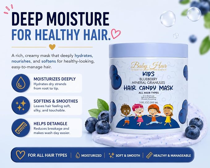 BABY HAIR Kids Blueberry Mineral Hair Candy Mask | Deep Conditioning Hair Mask for Kids | Moisturizes, Softens & Helps Detangle | Sulfate Free | 10 fl oz