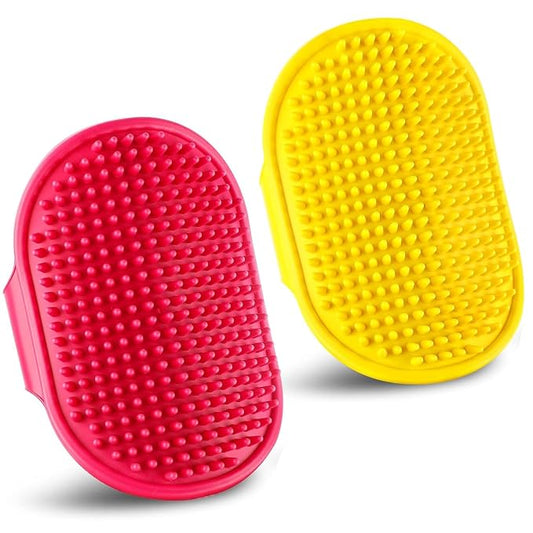 Dog Grooming Brush, Pet Shampoo Bath Brush Dog Grooming Shedding Brush Soothing Massage Rubber Comb with Adjustable Ring Handle for Long Short Haired Dogs and Cats 2pcs