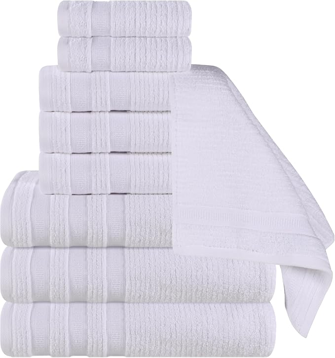 Superior Cotton 9-Piece Towel Set, Zero Twist, Ribbed Geometric, Bathroom Essentials, Shower, Spa, Luxury Plush Soft Absorbent Towels, Includes 3 Bath, 3 Hand, 3 Washcloth/Face Towels, White