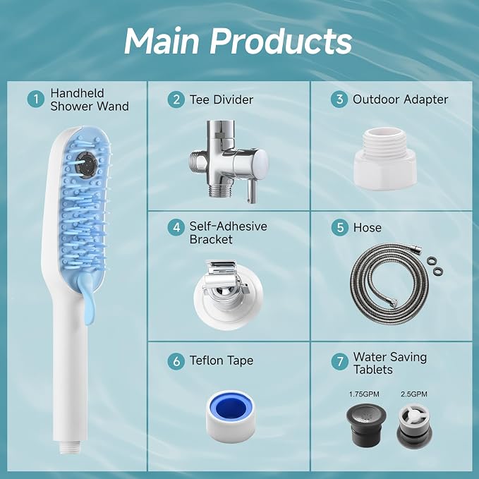 SR SUN RISE Dog Shower Attachment for Thick Haired Dogs, 4 Spray Mode Pet Bath Sprayer with Stainless Steel Diverter Valve & 6.5 Foot Hose, Indoor & Outdoor Dog Washing Grooming Supplies, Blue/White