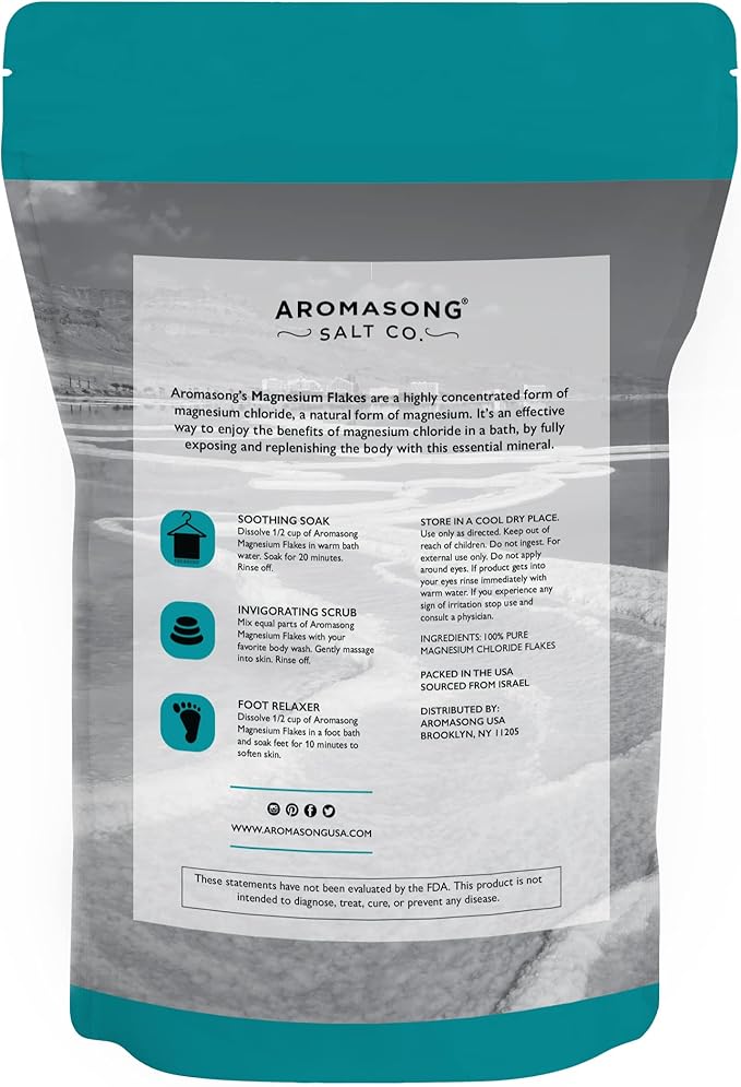 Aromasong Magnesium Flakes for Bath from The Dead Sea- 3 LB Resealable Pack Magnesium Chloride Flakes -Organic Bath Salt Muscle Relaxing Mineral Soak (Packaging May Vary)