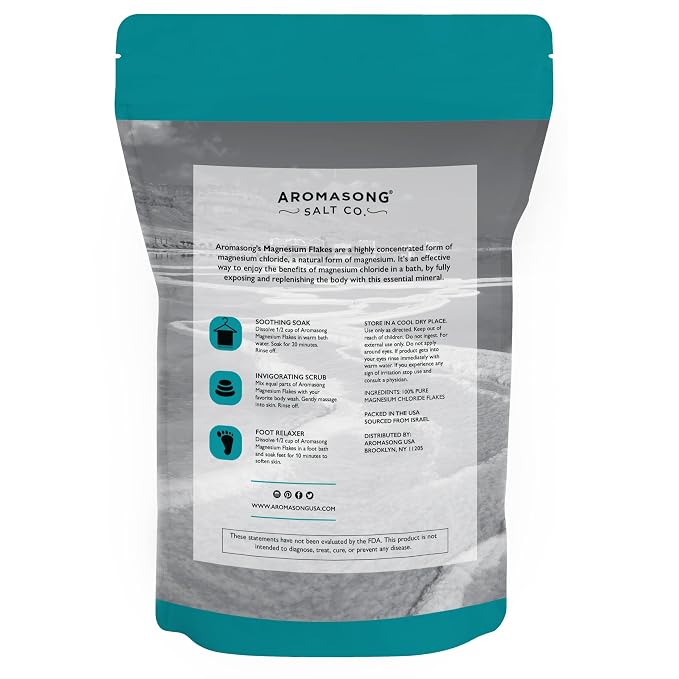 Aromasong Dead Sea Magnesium Flakes for Bath - More Than 16,325 Mg Magnesium Chloride per Bath - Superior Alternative to Epsom Salt - Used as Muscle & Foot Soak - 3 Lb Bag