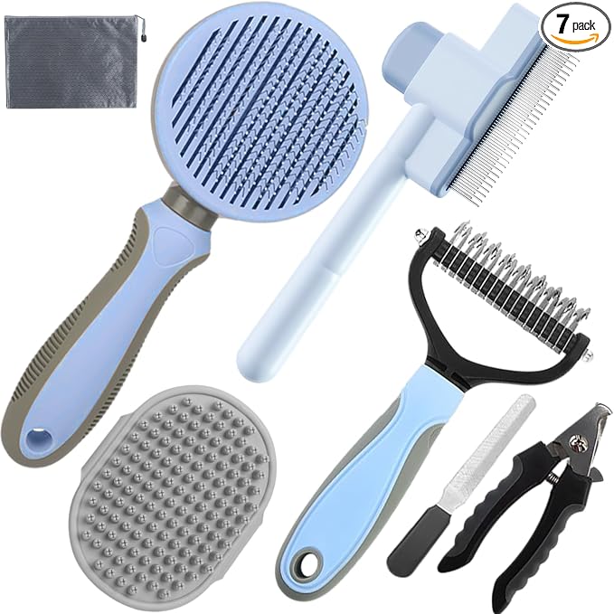 Dog Brush for Shedding,7 PCS Pet Grooming Brush Kit to De-fur & Hair Slicker Deshedding Brushes with Undercoat Rake Comb Bath Brush&Nail Clipper for Grooming Short Long Haired Dogs Cats Blue