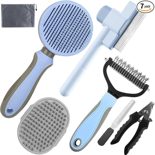 Dog Brush for Shedding,7 PCS Pet Grooming Brush Kit to De-fur & Hair Slicker Deshedding Brushes with Undercoat Rake Comb Bath Brush&Nail Clipper for Grooming Short Long Haired Dogs Cats Blue