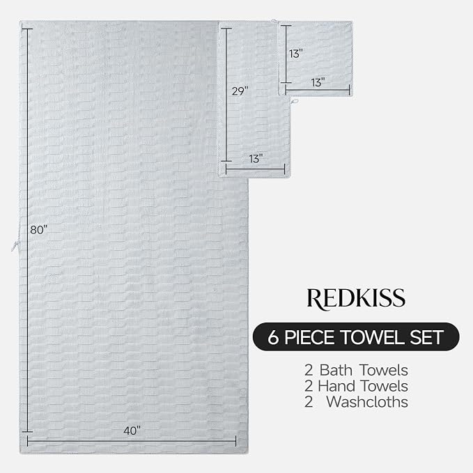 REDKISS Extra Large Bath Towel Set 6-Pack, 40 x 80 Inches Oversized Bath Sheets, Microfiber Ultra Absorbent & Quick-Dry, Super Soft Luxury Shower Towels for Bathroom Hotel Spa & Gym - Light Gray
