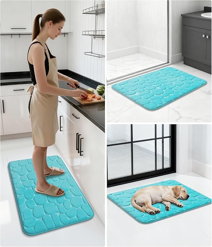 YIHOUSE Memory Foam Runner Rug, Cobblestone Bathroom Runner Rugs Super Water Absorbent Bath Mats for Bathroom Machine Washable Bath Rugs for Hallway Bedroom Laundry Room(20 x 47,Teal)
