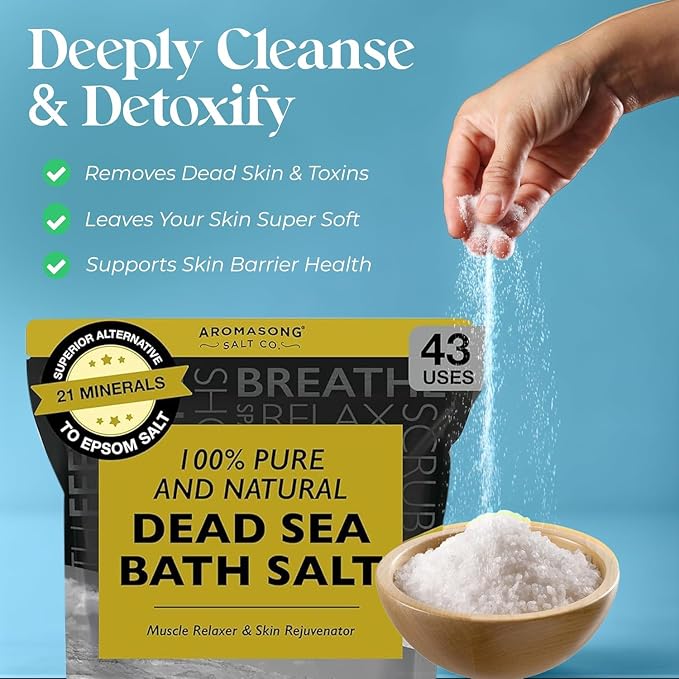 Aromasong Dead Sea Bath Salt - 100% Pure & Natural Dead Sea Salts for Soaking Coarse Grain 5 LB - Bulk Resealable Pack (Packaging May Vary) Used for Body wash Scrub - Soak for Women & Men.
