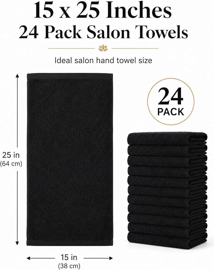 BIOLINEN Salon Towels 24 Pack Black 15x25, 100% Cotton Hand Towels for Bathroom, Bleach Resistant Barber Esthetician Spa Gym Towels, Super Absorbent