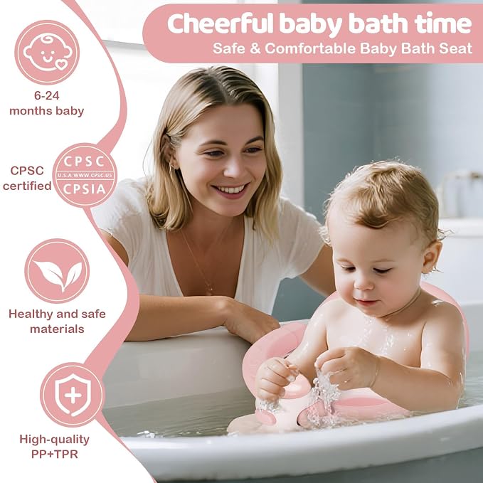 Baby Bath Seat for Babies 6 Months & Up - Baby Bath Seats for Babies Sitting Up | Non-Slip Baby Bath Chair with Cushion & Suction Cup | Toddler Bath Seat Newborn Infants Baby Bathtub Seat (Pink)