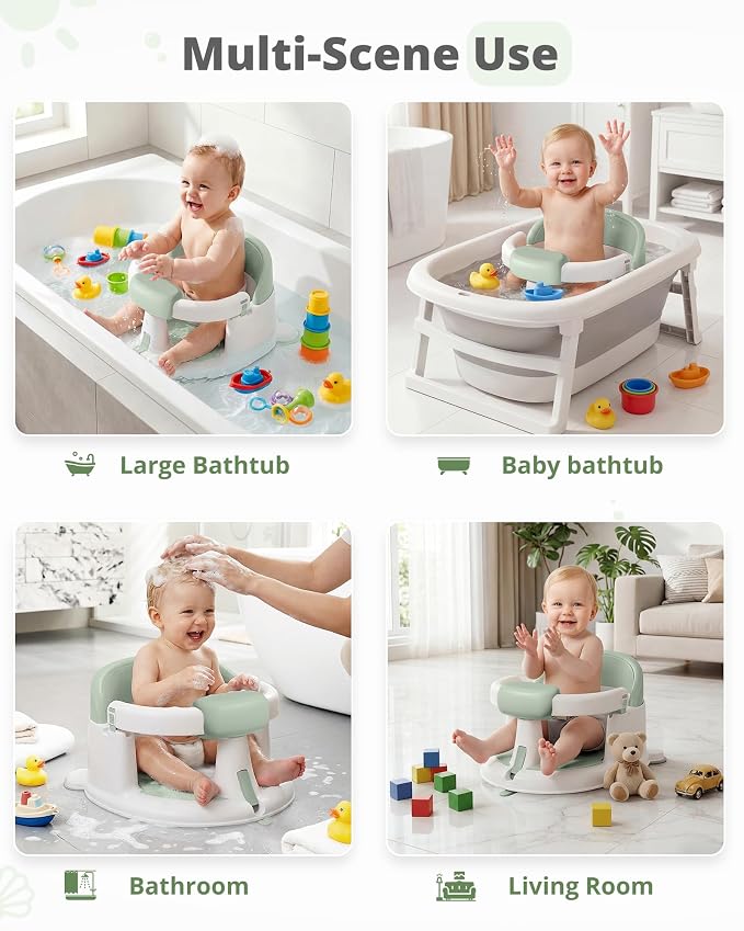 ONTHEWEI Baby Bath Seats for Babies Sitting Up, Non-Slip Baby Bathtub with 3 Suction Cups, Safe & Comfortable Toddler Bath Seat Ideal for Baby Bath/Shower Support, Stable Design, Mist Green
