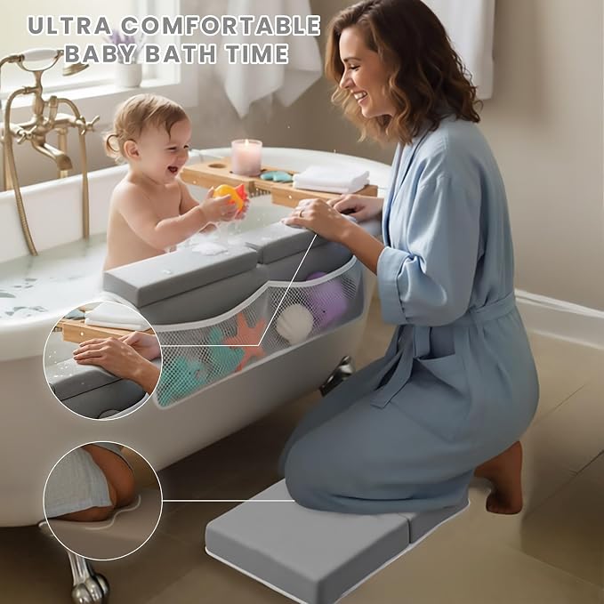 UBRAVOO Baby Bath Kneeler with Elbow Rest Pad, Non-Slip Foam Mat, Quick-Drying Cushion, Foldable Bathtub Support with Toy Storage Pockets for Parents (Gray)