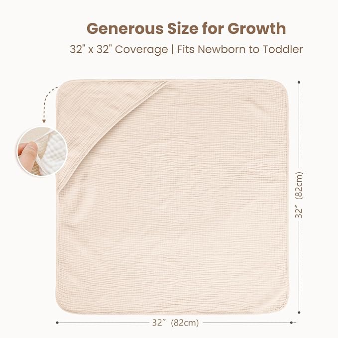 Konssy 2-Pack Muslin Hooded Baby Towels, 100% Cotton, Ultra-Soft & Absorbent Baby Bath Towels with Hood for Newborn & Infant (Cream, Blossom,32" x 32")