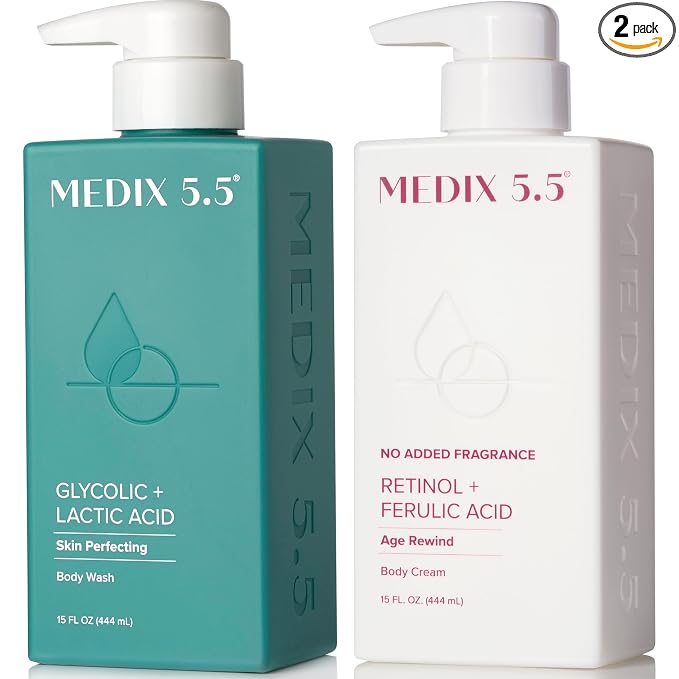 MEDIX Exfoliating Glycolic Acid Body Wash & Face Wash + Fragrance Free Retinol Body Lotion Skin Care Set | Crepey Skin Care Treatment | Lactic Acid Foaming Wash For KP Bumps, Keratosis Pilaris & Acne