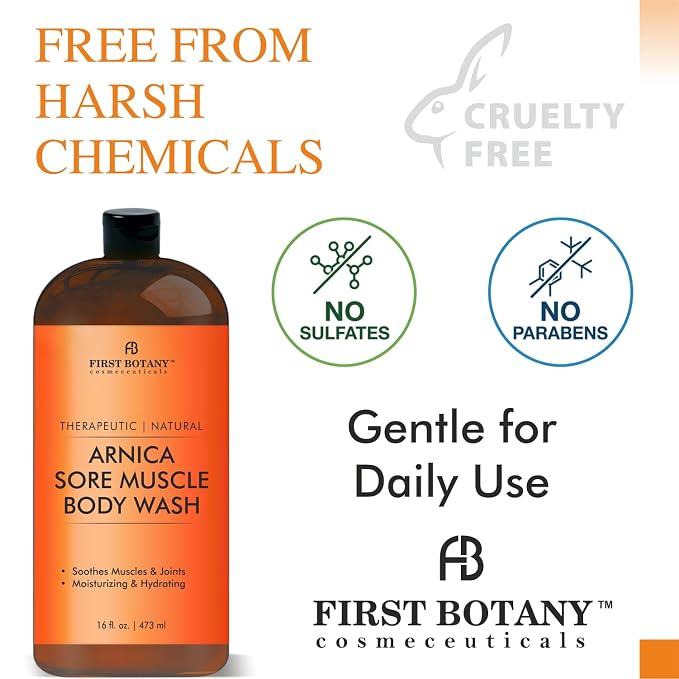 First Botany, ALL Natural Body Wash - Fights Body Odor, Athlete's Foot, Jock Itch, Nail Issues, Dandruff, Acne, Eczema, Shower Gel for Women & Men, Skin Cleanser -16 fl oz (Arnica)