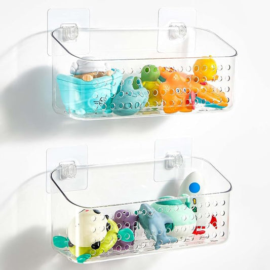Bath Toy Storage 2 Packs, Large Bath Toy Holder, Quick Dry Bathtub Toys Organizer, Shower Caddy Shower Organizer for Bathroom Storage, No Drill Shelves Basket, Drainable, Clear White