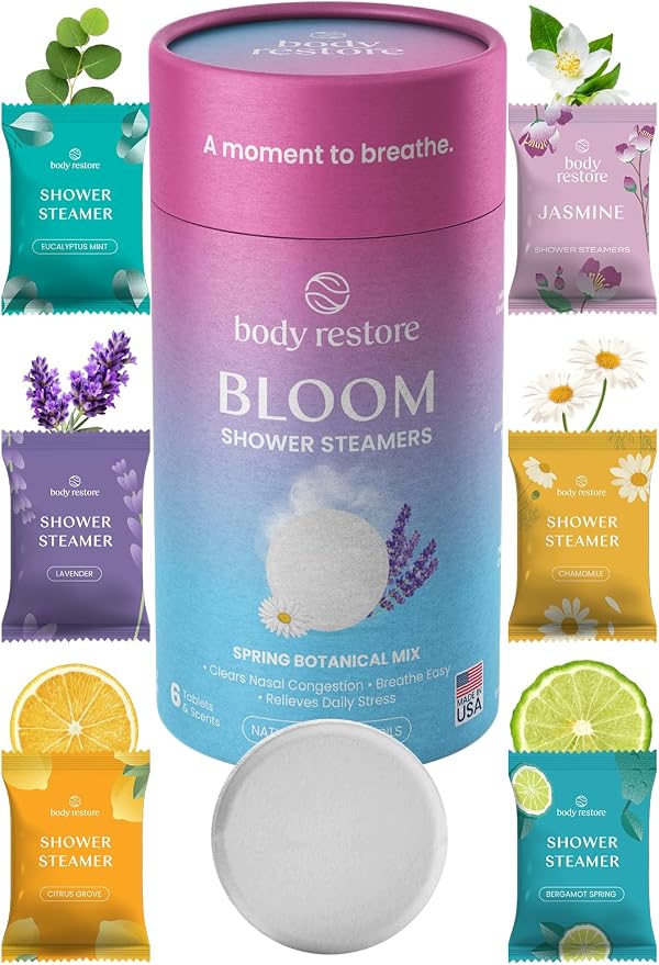 BodyRestore Shower Steamers Aromatherapy, Gifts for Women, Bloom 6 Pack | Birthday Gifts for Women, Men, Mom & Dad, Spa Stress Relief & Relaxation, Self Care, Essential Oil Tablets