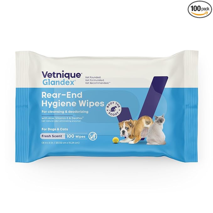 Vetnique Glandex Rear End Wipes for Dogs & Cats, Anal Gland Hygiene & Deodorizing Dog Wipes for Paws and Butt, Boot The Scoot with DeoPlex Enzyme, Aloe & Vitamin E (100ct)