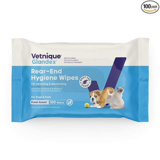 Vetnique Glandex Rear End Wipes for Dogs & Cats, Anal Gland Hygiene & Deodorizing Dog Wipes for Paws and Butt, Boot The Scoot with DeoPlex Enzyme, Aloe & Vitamin E (100ct)