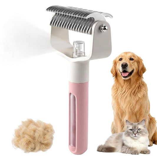 Dual-Sided Pet Grooming Comb,Double Sided Dematting Comb for Dogs & Cats, 2‑in‑1 Professional Pet Grooming Brush Deshedding Dog Brush with Spray Design (1PCS, Pink)