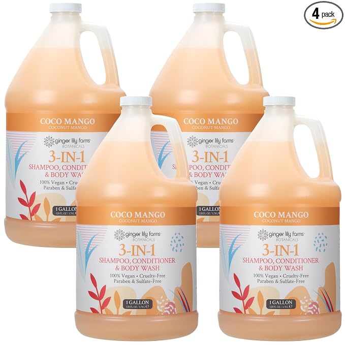 Ginger Lily Farms Botanicals 3-in-1 Shampoo, Conditioner & Body Wash, Coco Mango, 100% Vegan & Cruelty-Free, Coconut Mango Scent, 1 Gallon (Pack of 4)