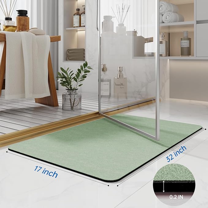 Diatomaceous Earth Bath Mat - Quick Dry Absorbing 32x17 Non Slip Thin Bathroom Rug, Fit Under Door, Sage Green