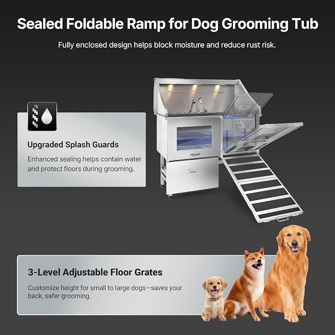 POLIMO Dog Washing Station with LED Display 50" (Right Ramp), 304 Stainless Steel Dog Bathtub for Large Medium Small Dogs, Professional Grooming Tub with Faucet, Storage Drawer, Floor Grate, Window