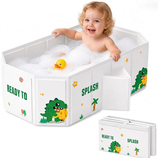 OhSoBig Collapsible Toddler Baby Bathtub - Foldable Portable Tub for Shower & Home, Non-Slip Base with Cushioned Bottom, Drain Plug,Space-Saving & Travel Tub (Multi-Color Dino Splash Mix)