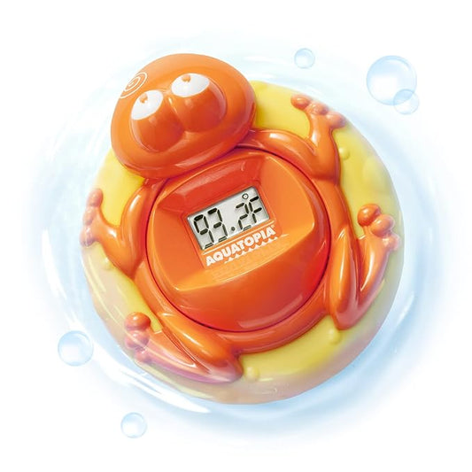 Aquatopia Baby Bath Thermometer Floating Toy with Digital Audible Alarm, Baby Water Thermometer for Bath Temp, Cute Baby Bath Essentials, Beeps When Too Hot or Too Cold, Fergus Frog, Orange