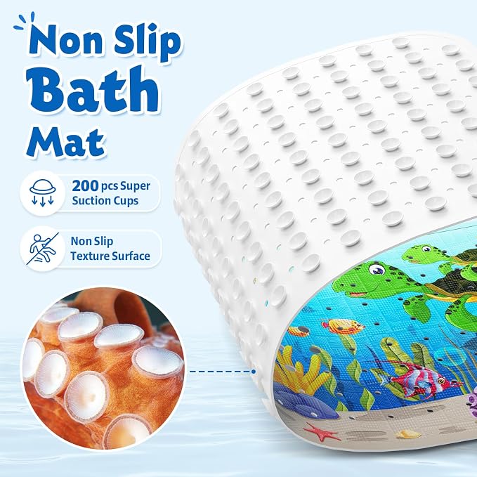 XIYUNTE Baby Bath Mat for Tub Non Slip, BPA Free Extra Long Bathtub Mat Non Slip 40x16 with Drain Holes and 200 Suction Cups, Non Toxic Machine Washable Bath tub mat, EU Certified, Sea Turtle