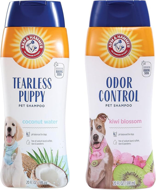 Arm & Hammer Tearless Puppy Shampoo & Deodorizing Dog Shampoo Bundle – Gentle Coconut Water & Kiwi Blossom Scented Tearless Shampoos for Puppies & Smelly Dogs, 20 Fl Oz Each