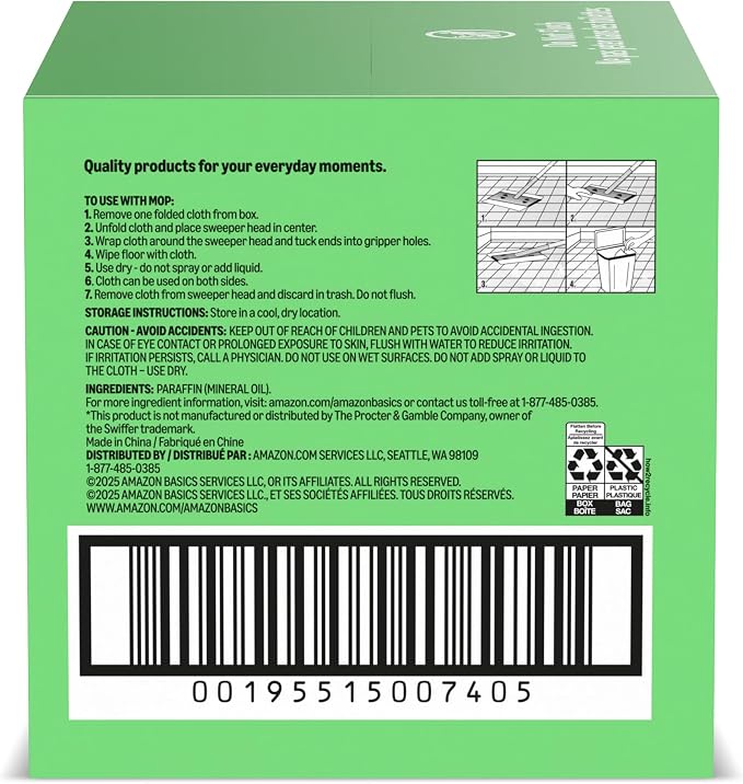 Amazon Basics Dry Sweeping Cloths for Floor Cleaning, Pet Hair, Dust, Dirt, Multi-Surface, Disposable, Fits Swiffer Sweeper Mop Heads, 64 Count, Packaging May Vary