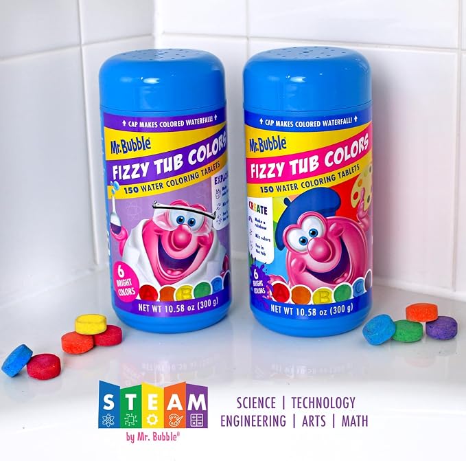 Mr. Bubble Fizzy Tub Colors Bath Water Coloring Tabelets, 6 Bright Colors, Red, Orange, Yellow, Purple, Blue and Green, Fragrance Free, Cap Makes Colorful Waterfall (3 Jars, 450 Tablets)