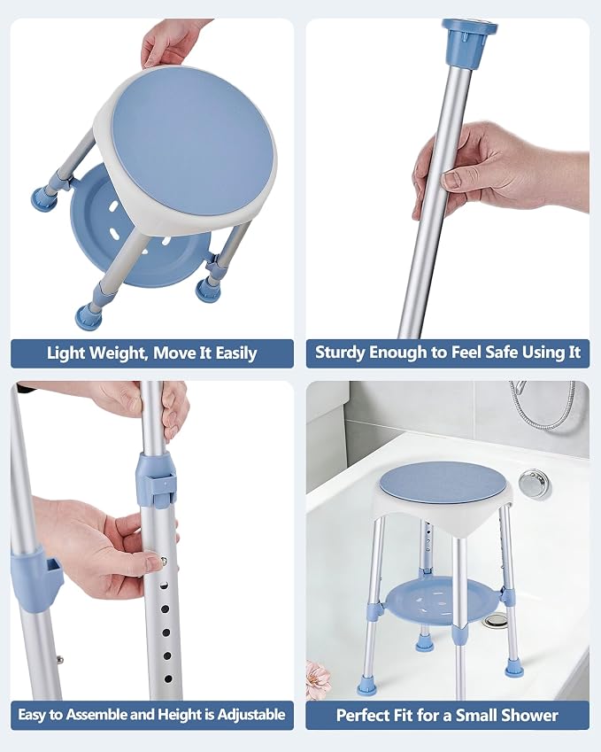 Shower Stools for Seniors, Small Shower Chair for Inside Narrow Tub, Height Adjustable Swivel Shower Chair with Storage Tray, 360° Rotating Narrow Shower Chair for Bathtub Small Tub, Blue